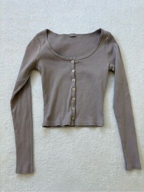Brandy Melville Taupe Ribbed Button-Front Scoop Neck Top